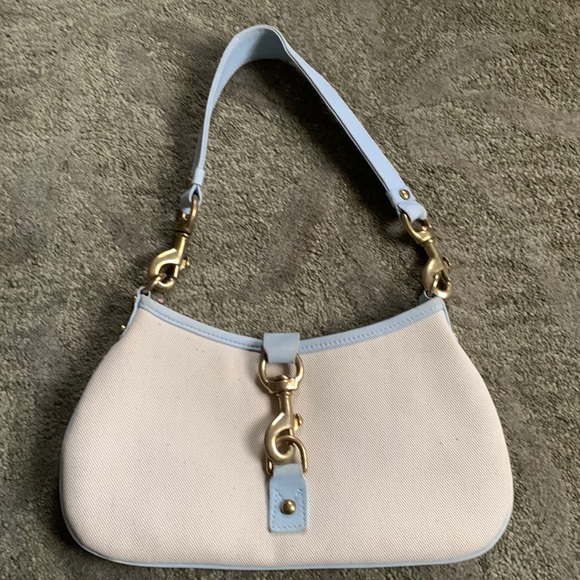 Canvas purse with blue leather trim and strap - Picture 1 of 4